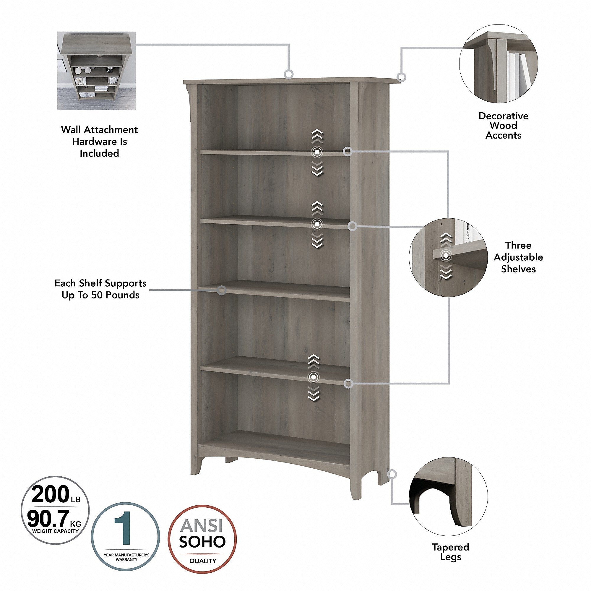 Bush Furniture Salinas 60"W L Shaped Desk with Lateral File Cabinet and 5 Shelf Bookcase, Driftwood Gray