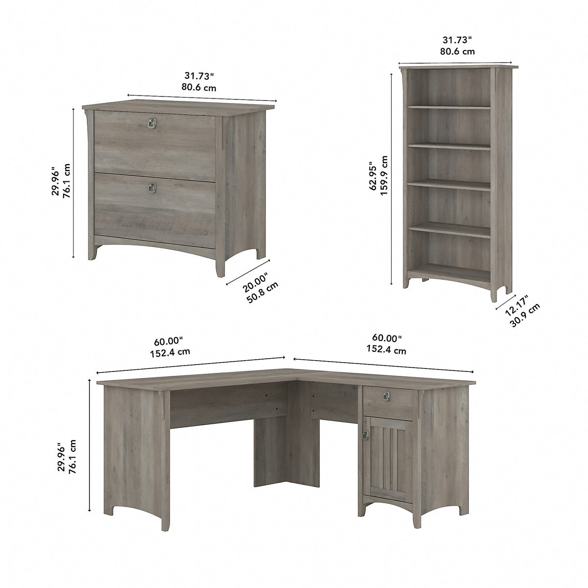 Bush Furniture Salinas 60"W L Shaped Desk with Lateral File Cabinet and 5 Shelf Bookcase, Driftwood Gray