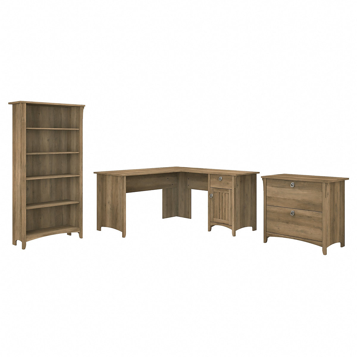 Bush Furniture Salinas 60"W L Shaped Desk with Lateral File Cabinet and 5 Shelf Bookcase, Reclaimed Pine