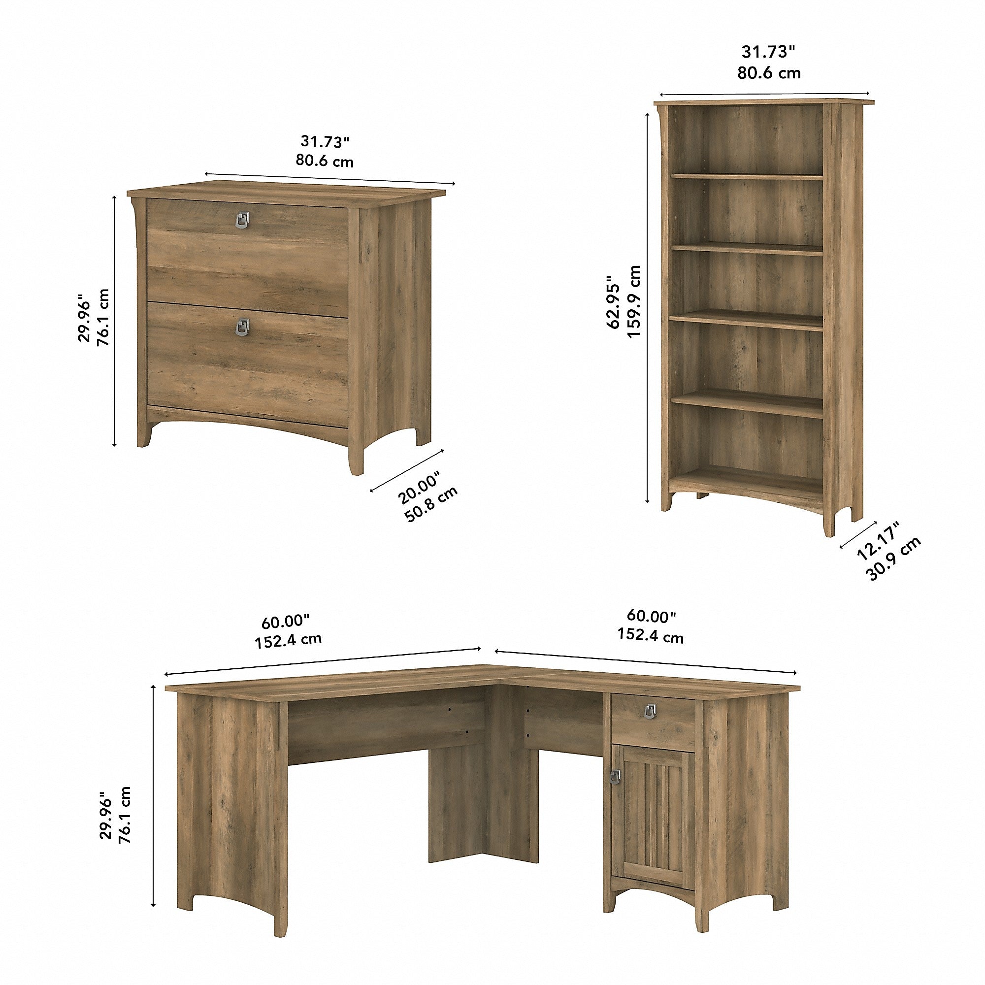 Bush Furniture Salinas 60"W L Shaped Desk with Lateral File Cabinet and 5 Shelf Bookcase, Reclaimed Pine