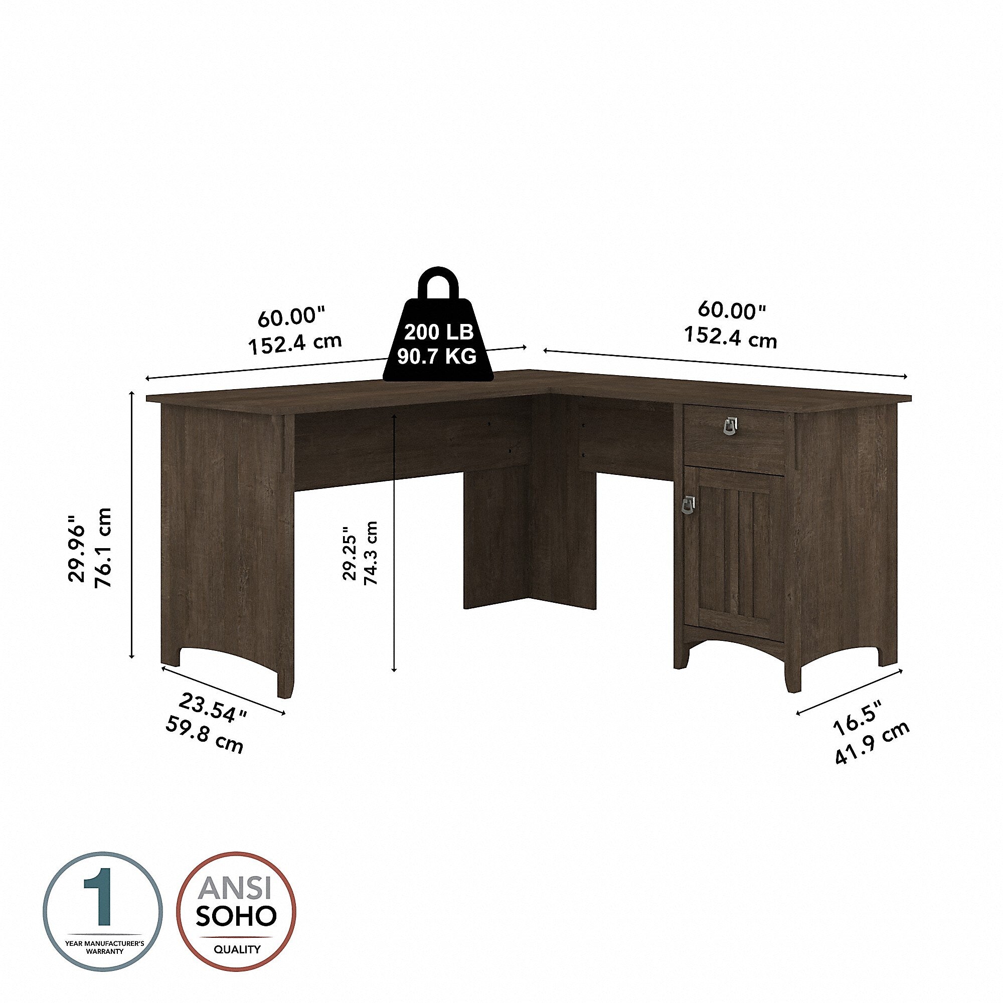 Bush Furniture Salinas 60"W L Shaped Desk with Storage, Ash Brown