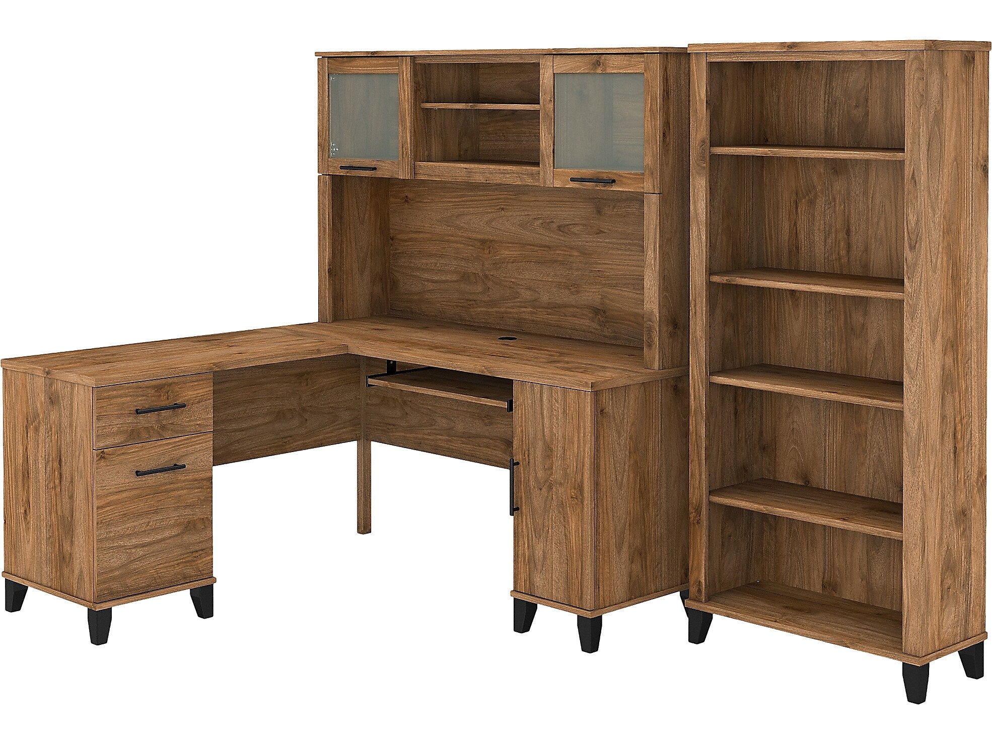 Bush Furniture Somerset 60" L-Shaped Desk with Hutch and 5-Shelf Bookcase, Fresh Walnut