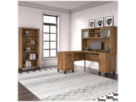 Bush Furniture Somerset 60" L-Shaped Desk with Hutch and 5-Shelf Bookcase, Fresh Walnut