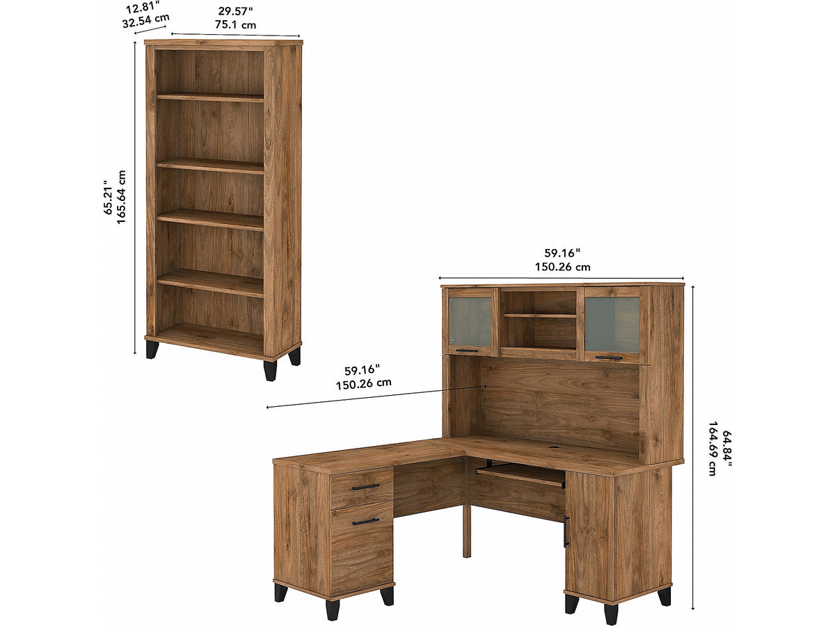 Bush Furniture Somerset 60" L-Shaped Desk with Hutch and 5-Shelf Bookcase, Fresh Walnut