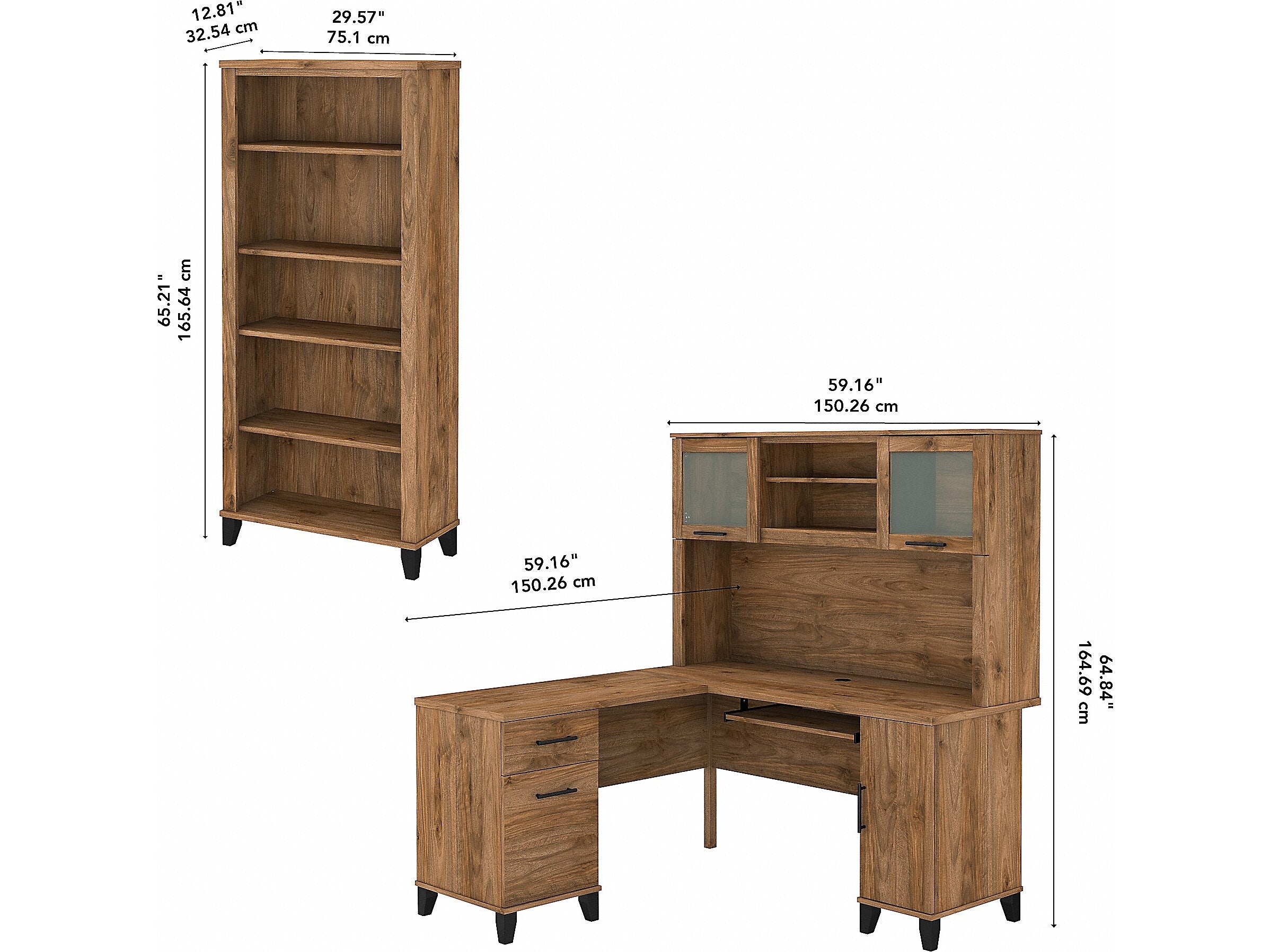 Bush Furniture Somerset 60" L-Shaped Desk with Hutch and 5-Shelf Bookcase, Fresh Walnut