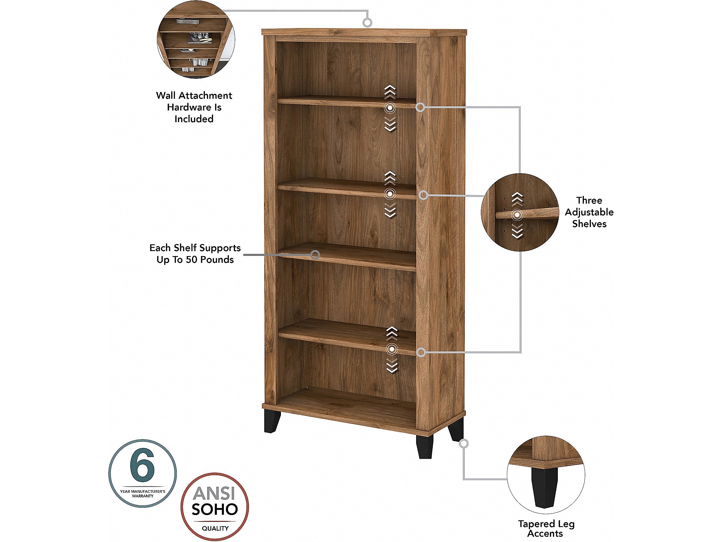 Bush Furniture Somerset 60" L-Shaped Desk with Hutch and 5-Shelf Bookcase, Fresh Walnut