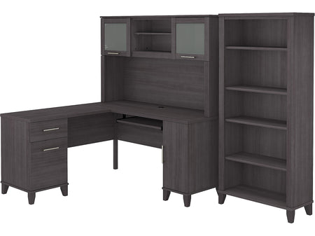 Bush Furniture Somerset 60"W L Shaped Desk with Hutch and 5 Shelf Bookcase, Storm Gray