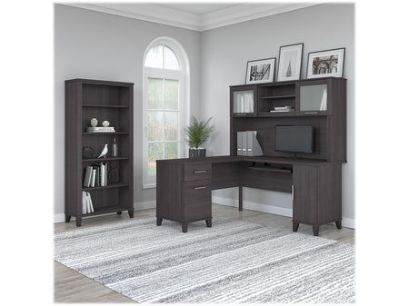 Bush Furniture Somerset 60"W L Shaped Desk with Hutch and 5 Shelf Bookcase, Storm Gray