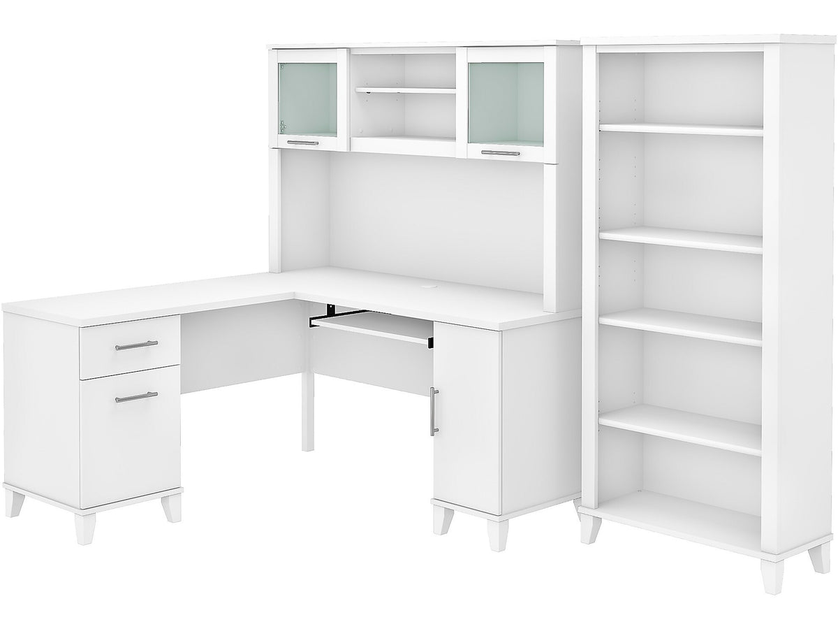 Bush Furniture Somerset 60"W L Shaped Desk with Hutch and 5 Shelf Bookcase, White