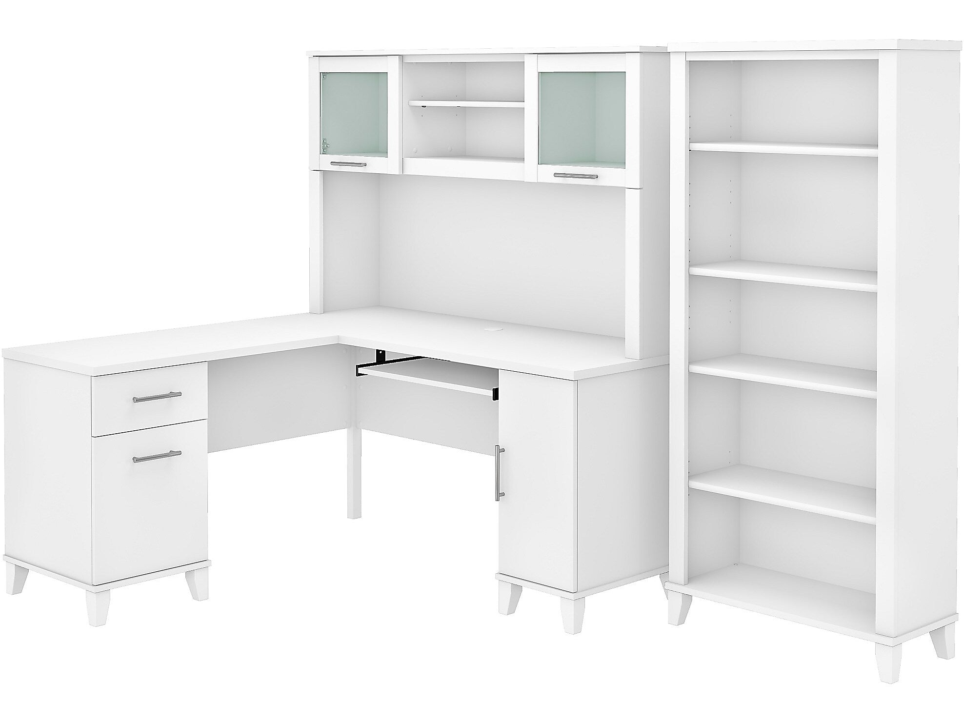 Bush Furniture Somerset 60"W L Shaped Desk with Hutch and 5 Shelf Bookcase, White