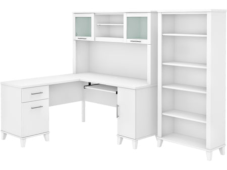 Bush Furniture Somerset 60"W L Shaped Desk with Hutch and 5 Shelf Bookcase, White