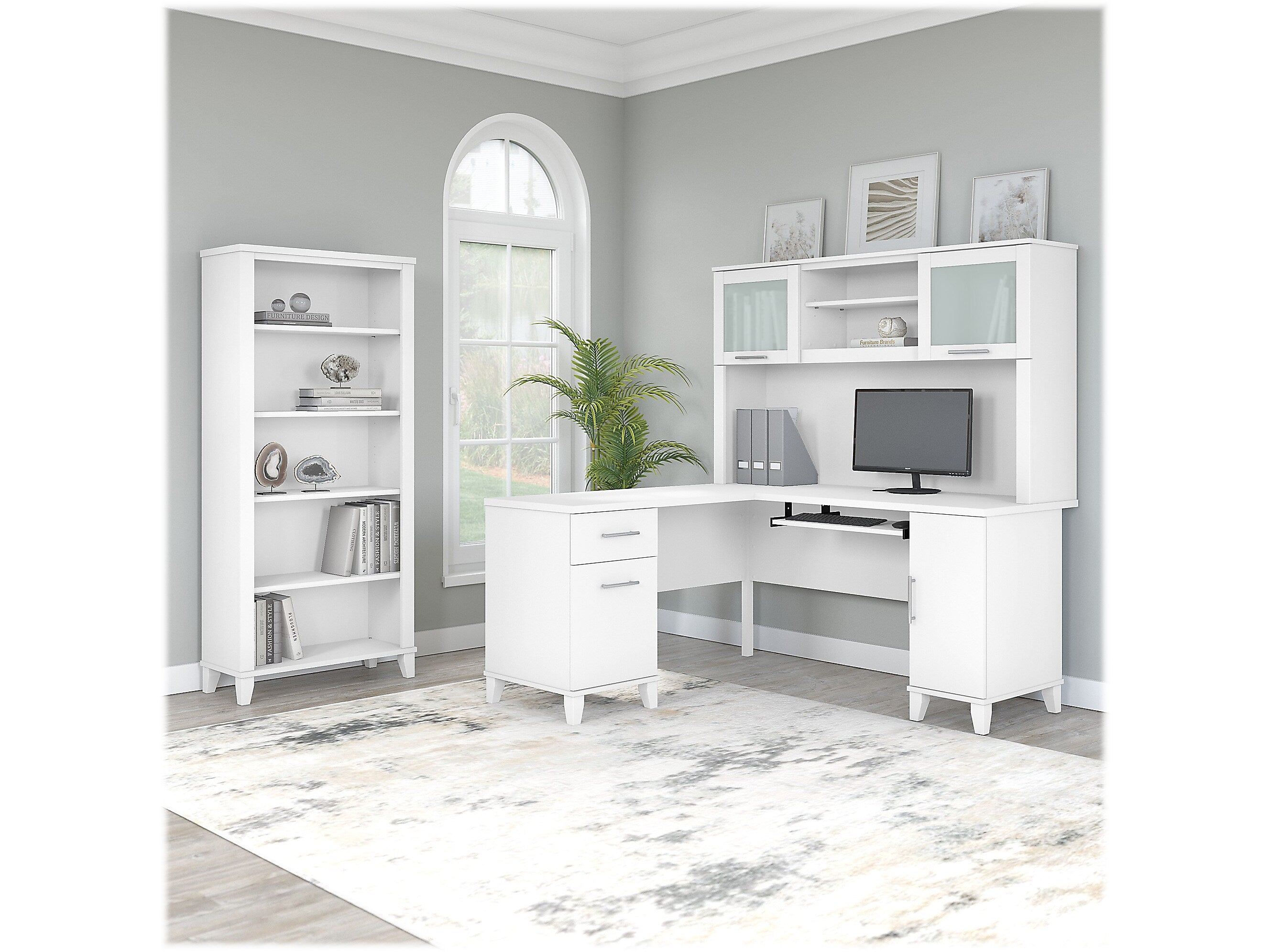 Bush Furniture Somerset 60"W L Shaped Desk with Hutch and 5 Shelf Bookcase, White