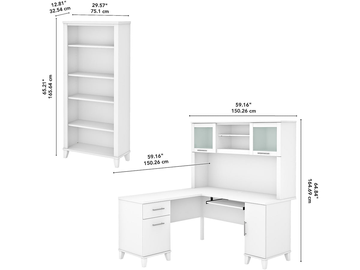 Bush Furniture Somerset 60"W L Shaped Desk with Hutch and 5 Shelf Bookcase, White