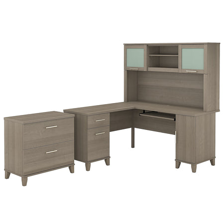 Bush Furniture Somerset 60"W L Shaped Desk with Hutch and Lateral File Cabinet, Ash Gray