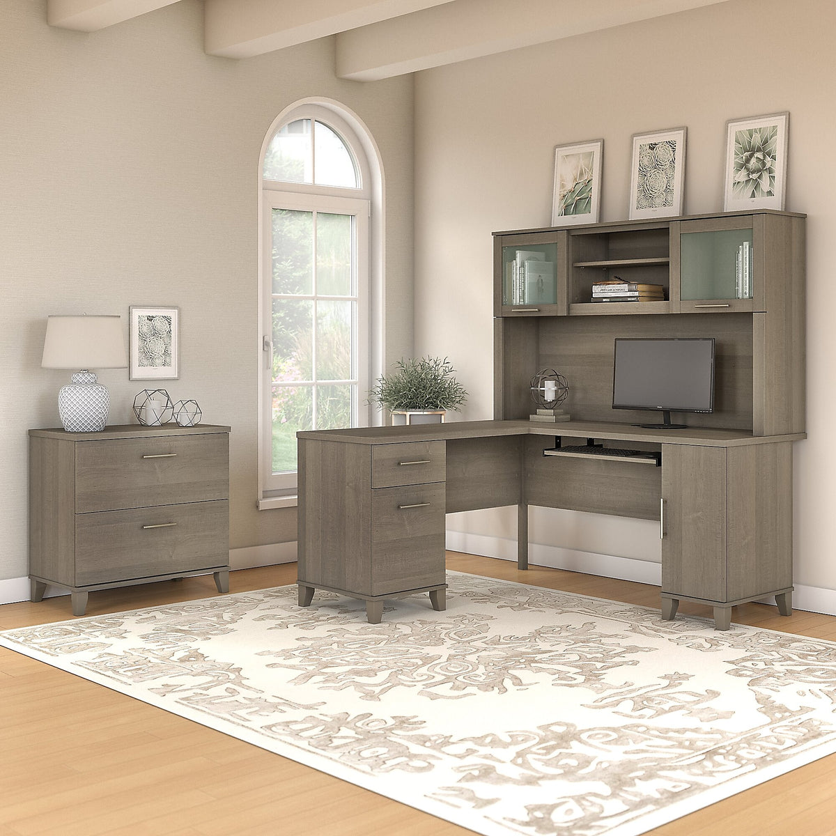 Bush Furniture Somerset 60"W L Shaped Desk with Hutch and Lateral File Cabinet, Ash Gray