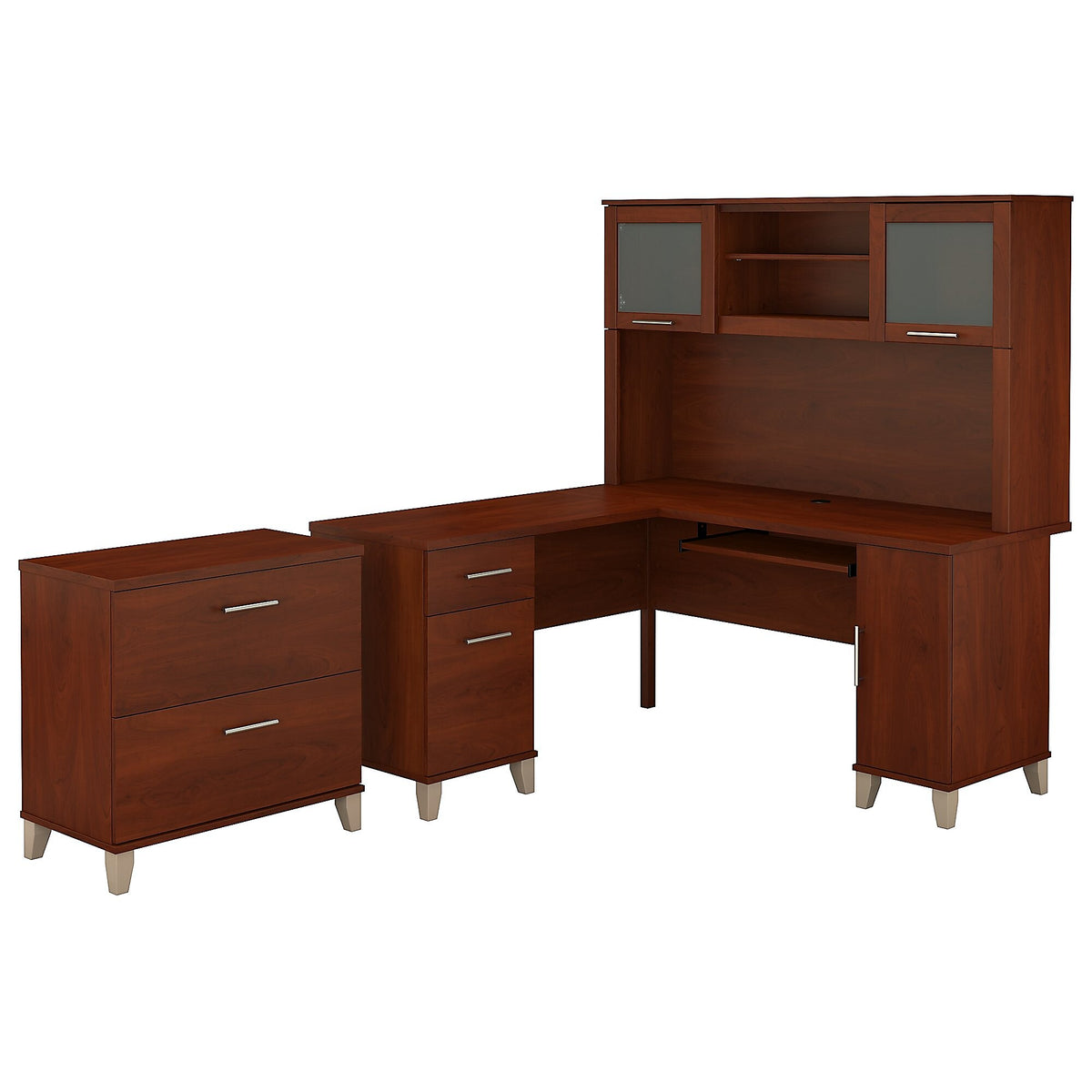 Bush Furniture Somerset 60"W L Shaped Desk with Hutch and Lateral File Cabinet, Hansen Cherry