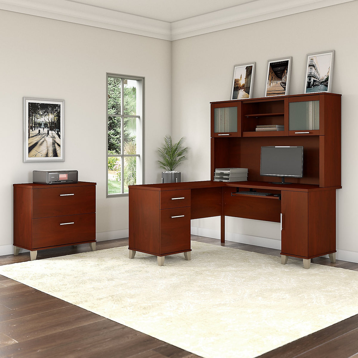 Bush Furniture Somerset 60"W L Shaped Desk with Hutch and Lateral File Cabinet, Hansen Cherry