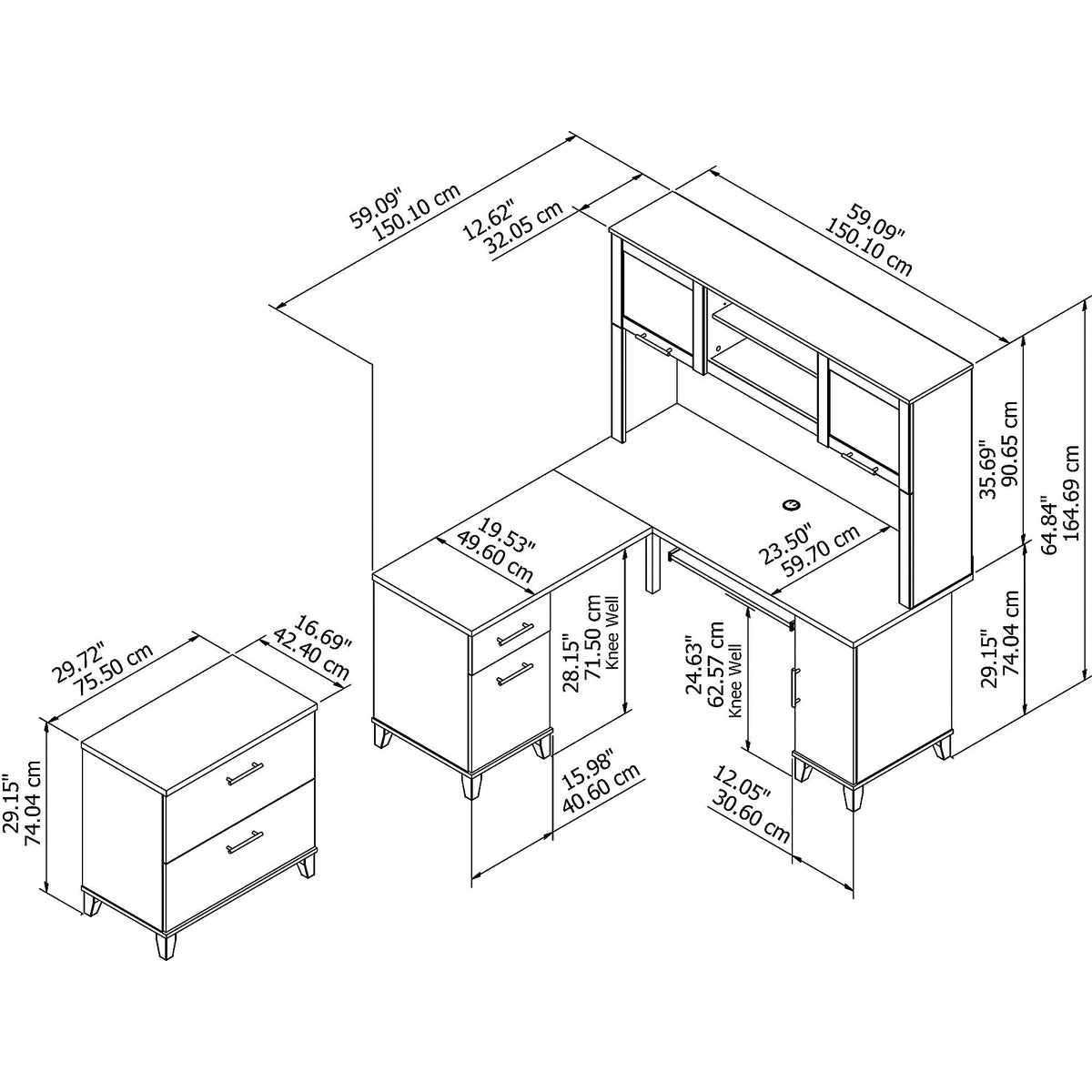 Bush Furniture Somerset 60"W L Shaped Desk with Hutch and Lateral File Cabinet, Hansen Cherry