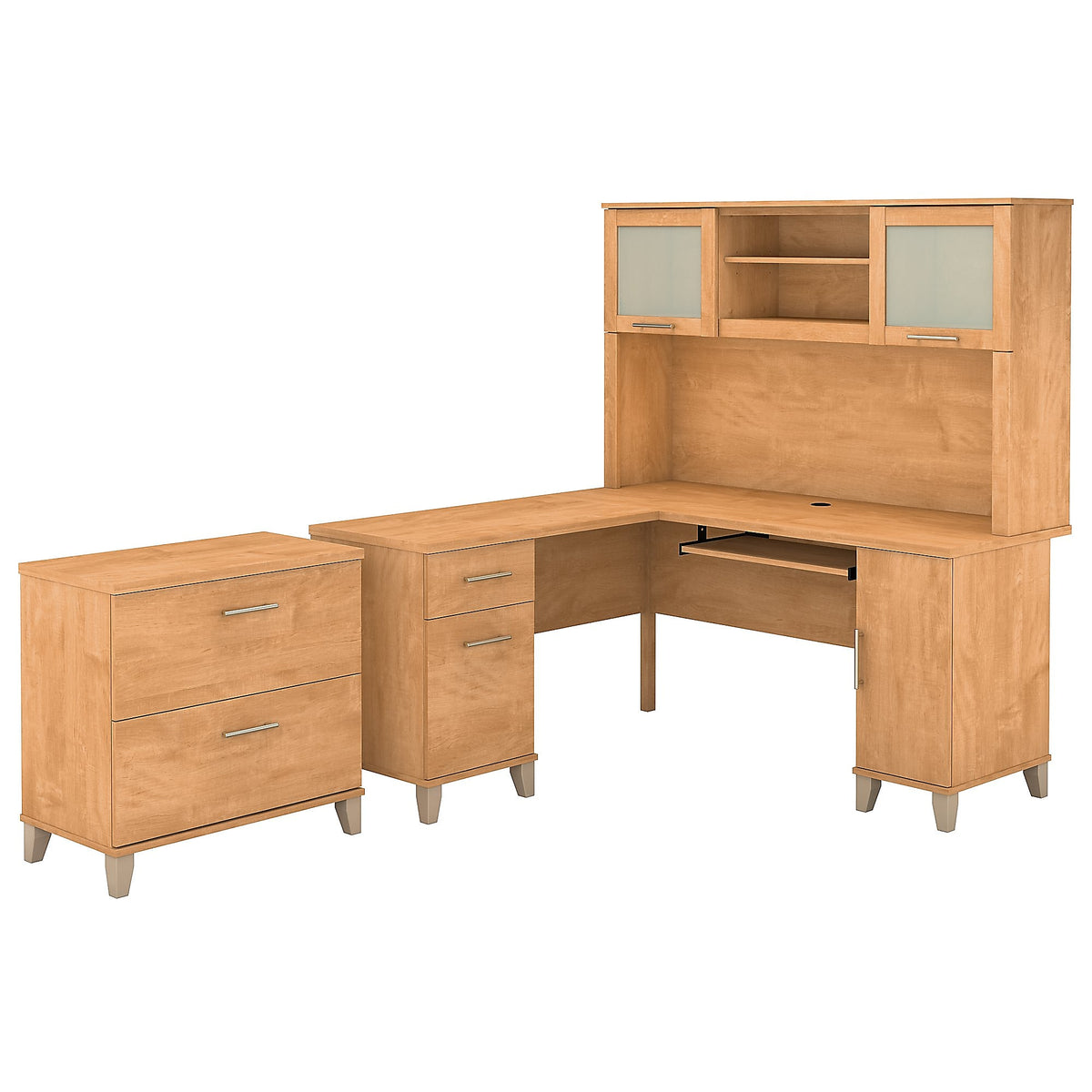 Bush Furniture Somerset 60"W L Shaped Desk with Hutch and Lateral File Cabinet, Maple Cross