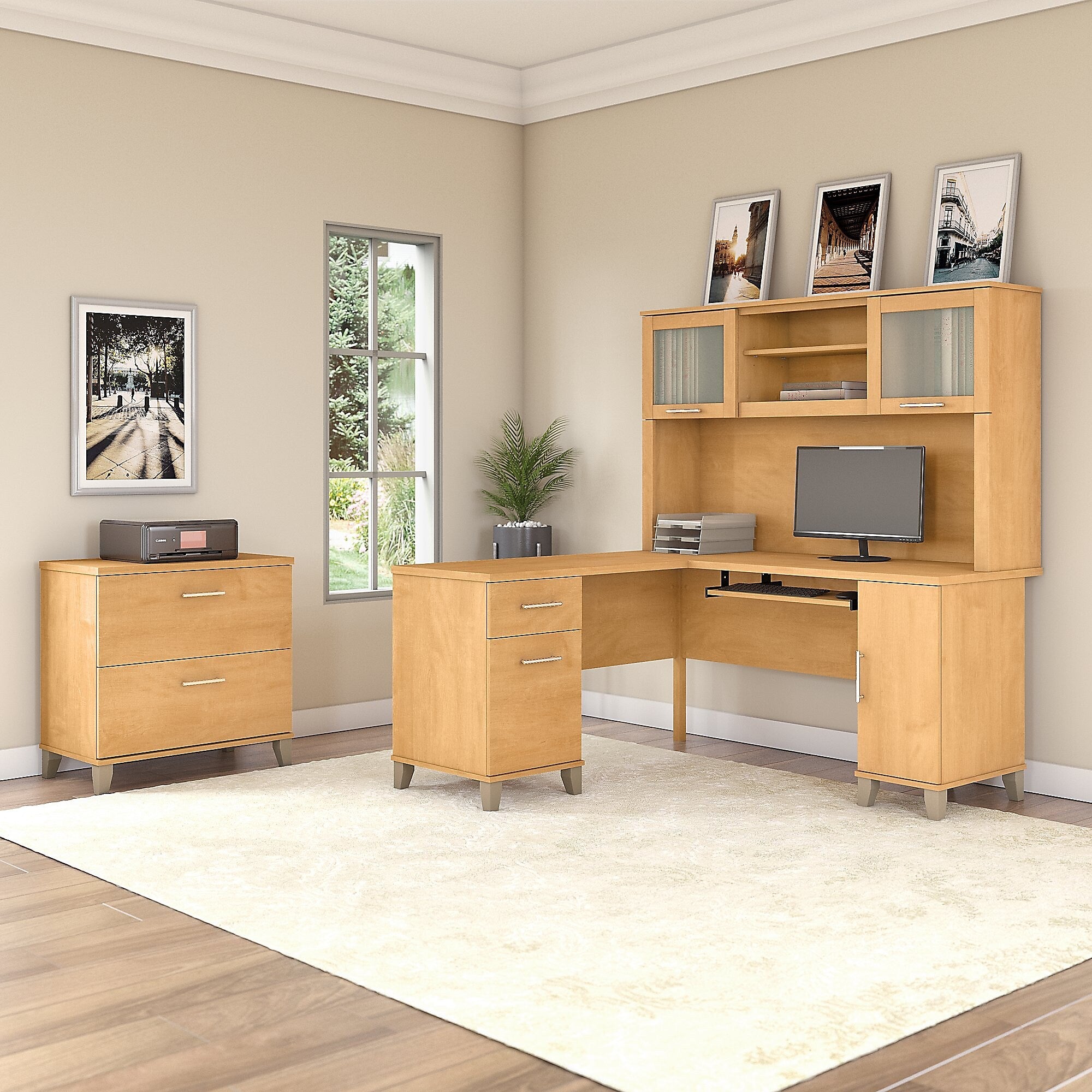 Bush Furniture Somerset 60"W L Shaped Desk with Hutch and Lateral File Cabinet, Maple Cross