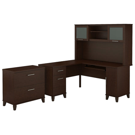 Bush Furniture Somerset 60"W L Shaped Desk with Hutch and Lateral File Cabinet, Mocha Cherry