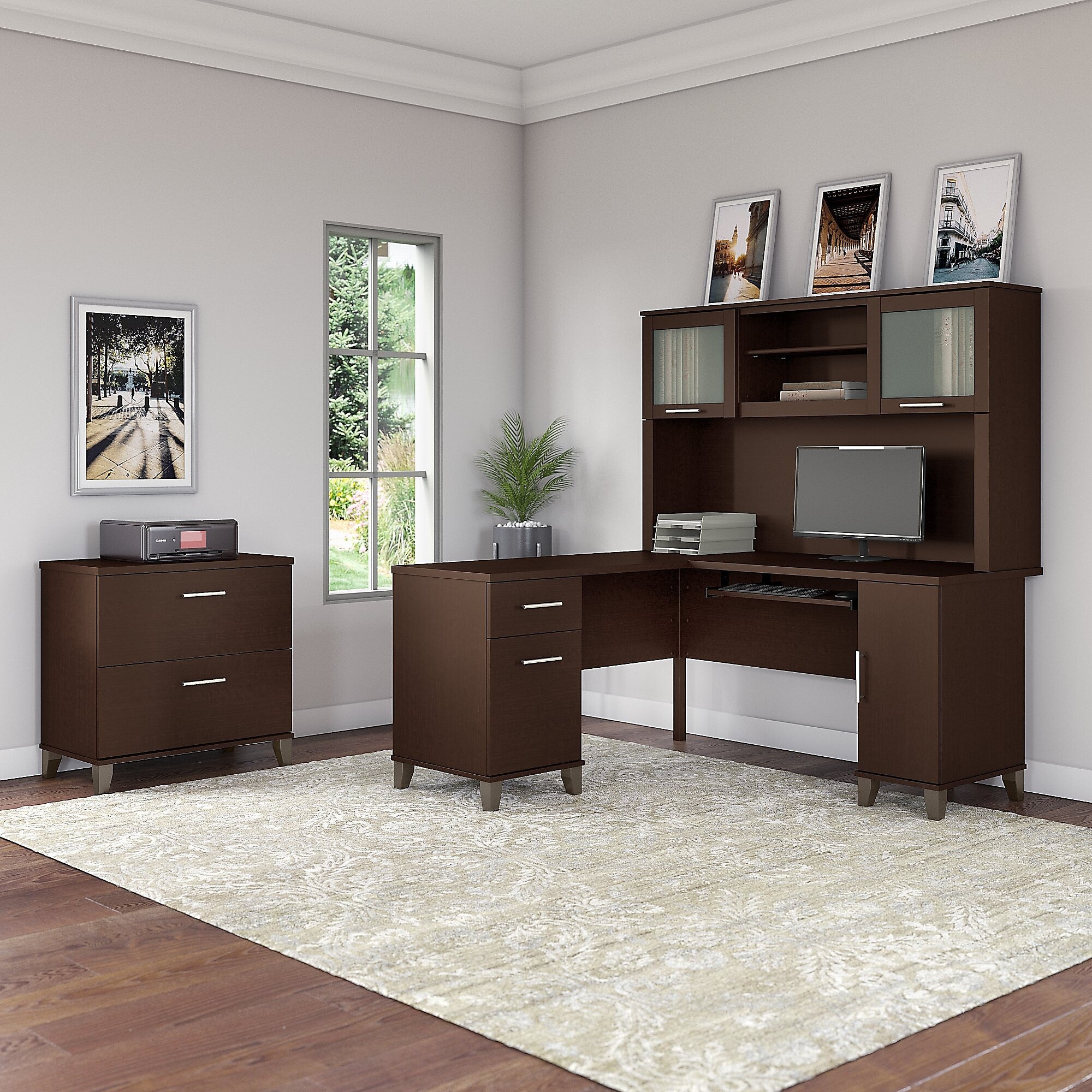 Bush Furniture Somerset 60"W L Shaped Desk with Hutch and Lateral File Cabinet, Mocha Cherry