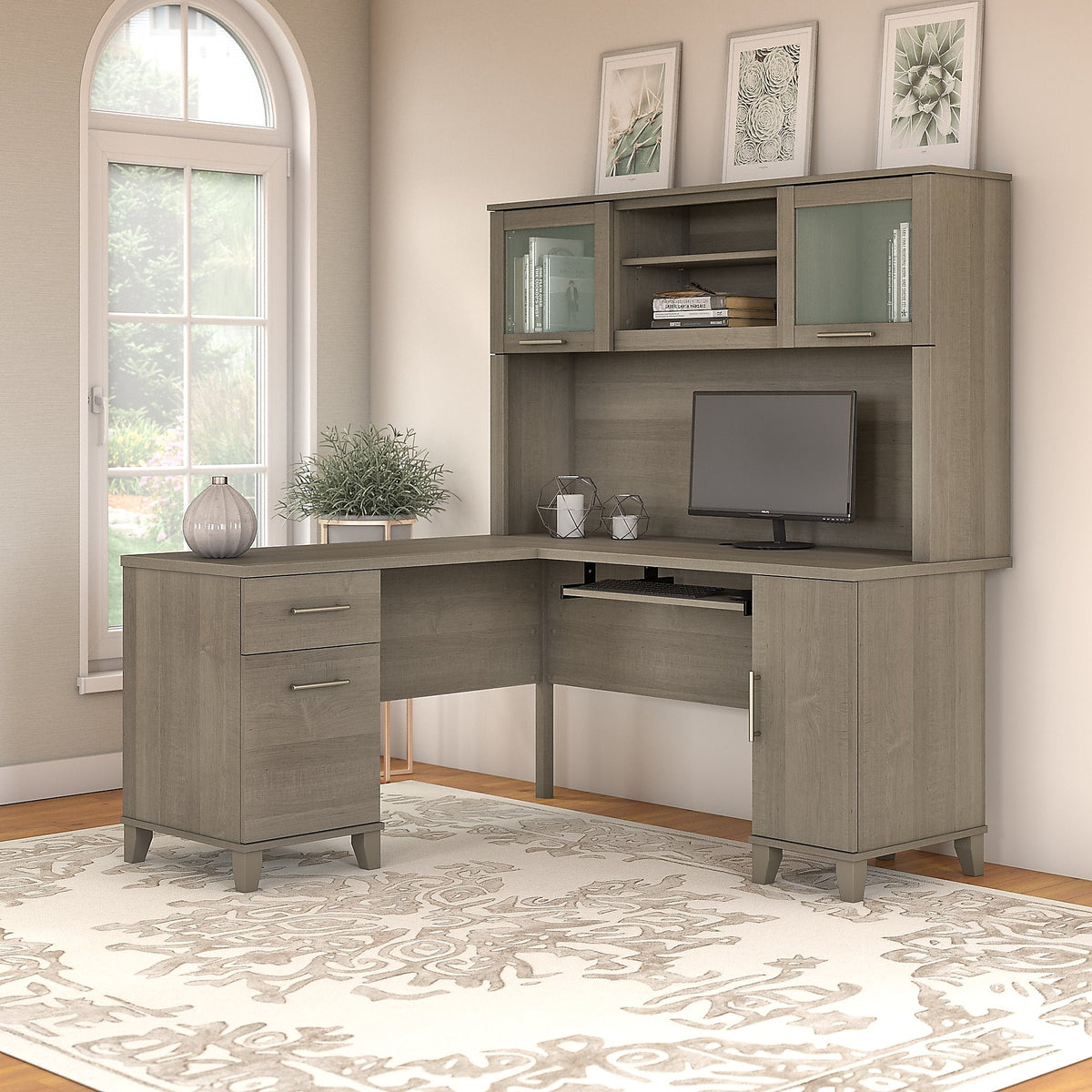 Bush Furniture Somerset 60"W L Shaped Desk with Hutch, Ash Gray