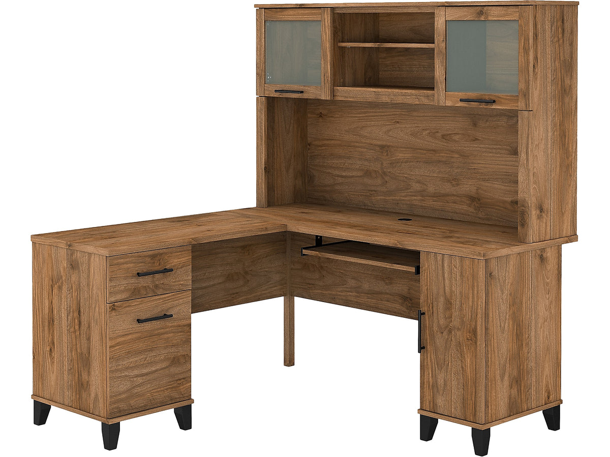 Bush Furniture Somerset 60"W L Shaped Desk with Hutch, Fresh Walnut