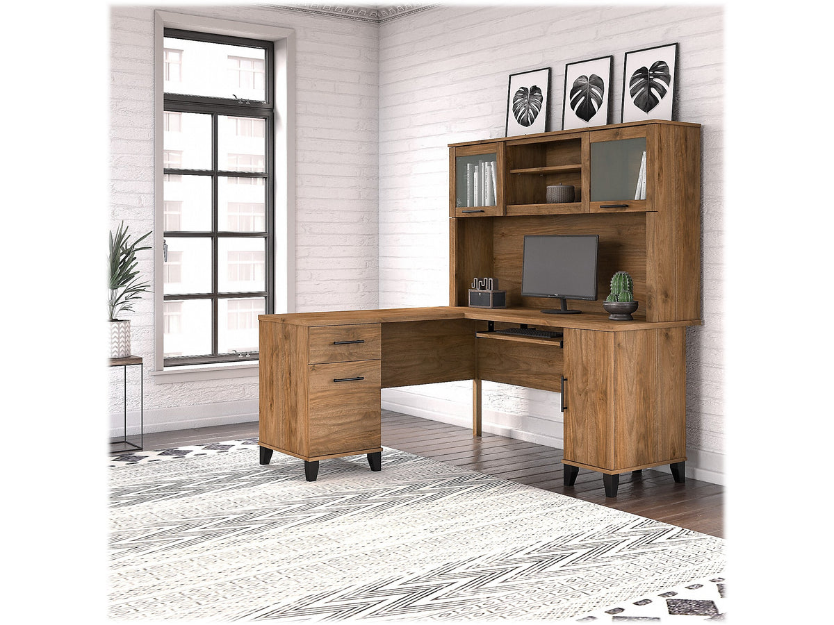 Bush Furniture Somerset 60"W L Shaped Desk with Hutch, Fresh Walnut