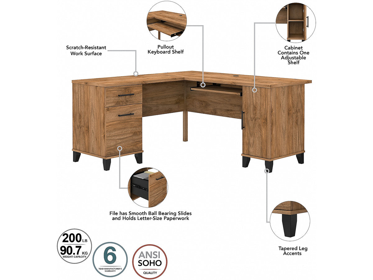 Bush Furniture Somerset 60"W L Shaped Desk with Hutch, Fresh Walnut