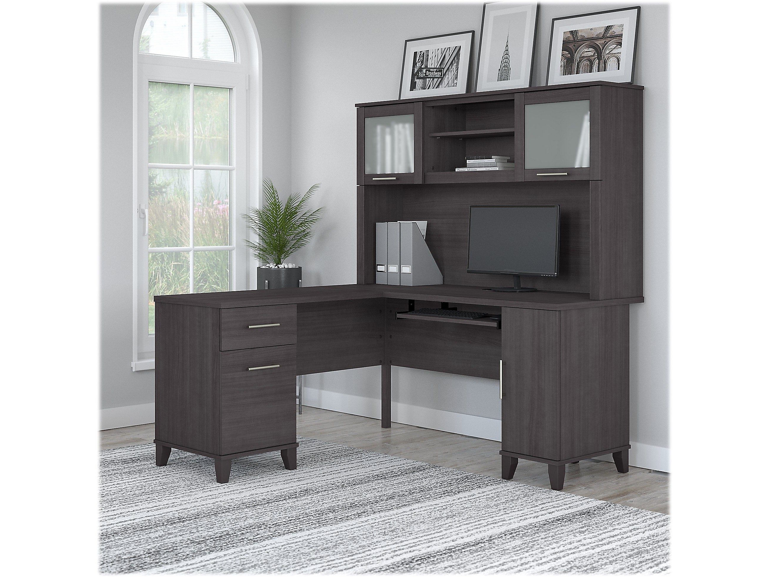 Bush Furniture Somerset 60"W L Shaped Desk with Hutch, Storm Gray