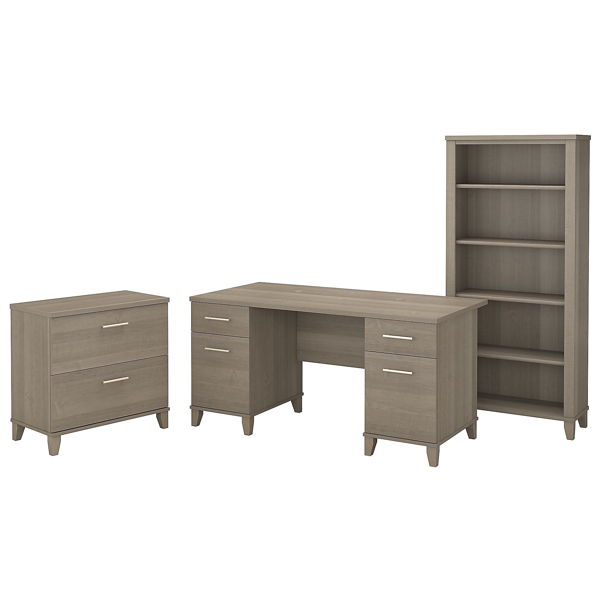 Bush Furniture Somerset 60"W Office Desk with Lateral File Cabinet and 5 Shelf Bookcase, Ash Gray