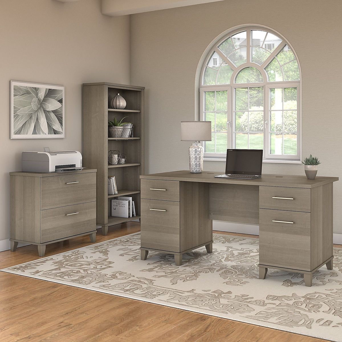 Bush Furniture Somerset 60"W Office Desk with Lateral File Cabinet and 5 Shelf Bookcase, Ash Gray