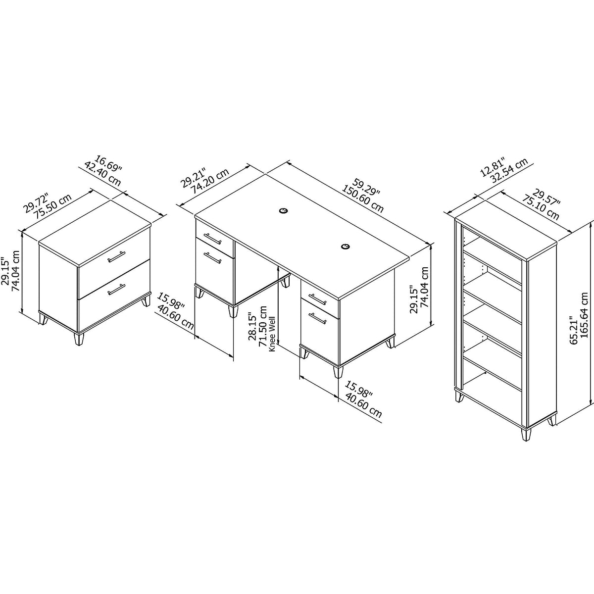 Bush Furniture Somerset 60"W Office Desk with Lateral File Cabinet and 5 Shelf Bookcase, Ash Gray