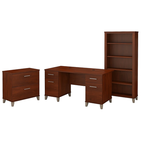 Bush Furniture Somerset 60"W Office Desk with Lateral File Cabinet and 5 Shelf Bookcase, Hansen Cherry