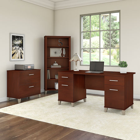 Bush Furniture Somerset 60"W Office Desk with Lateral File Cabinet and 5 Shelf Bookcase, Hansen Cherry