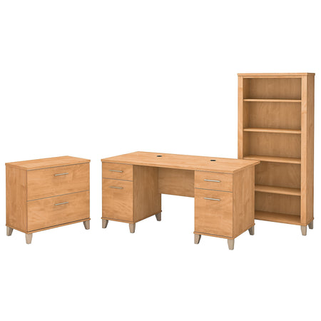 Bush Furniture Somerset 60"W Office Desk with Lateral File Cabinet and 5 Shelf Bookcase, Maple Cross