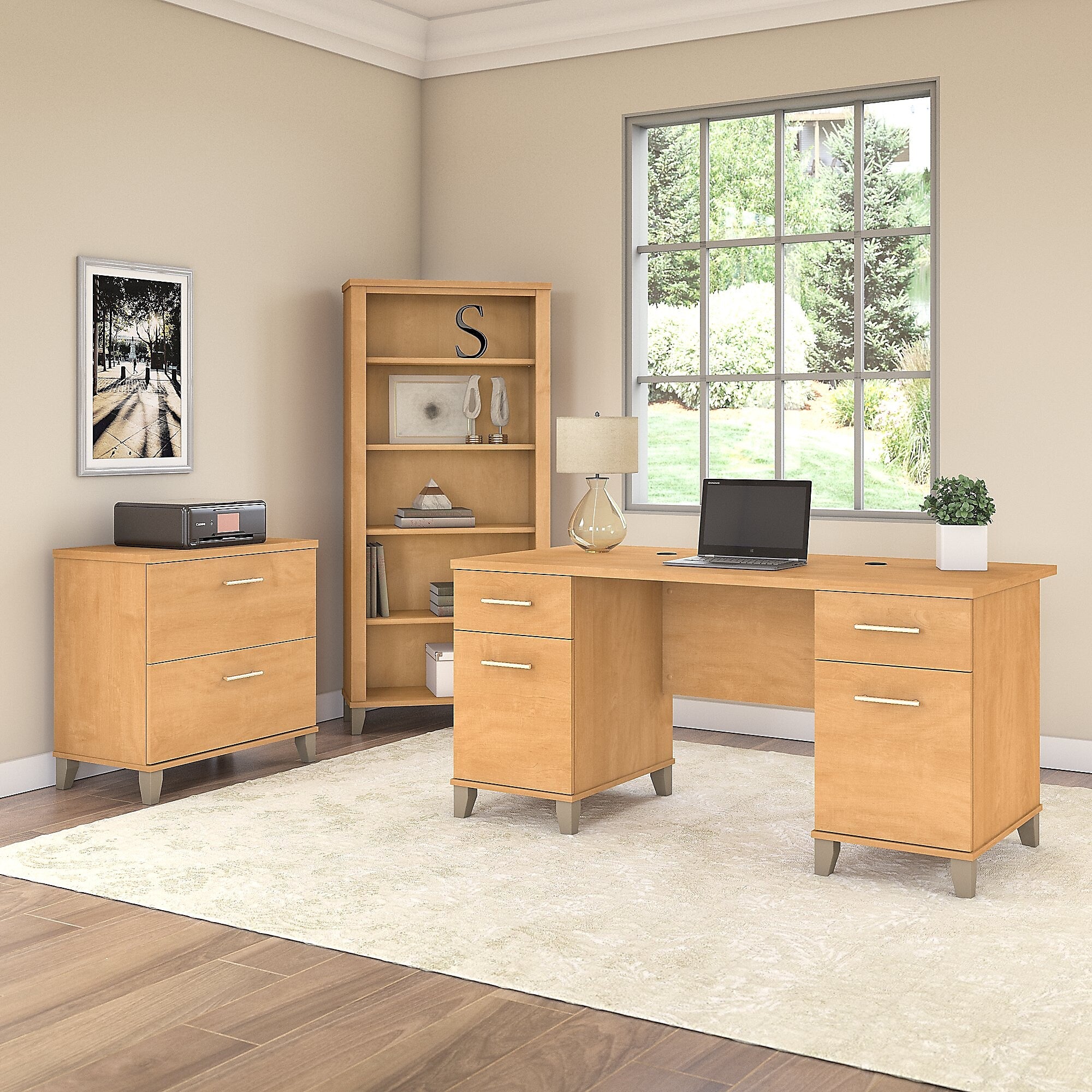 Bush Furniture Somerset 60"W Office Desk with Lateral File Cabinet and 5 Shelf Bookcase, Maple Cross