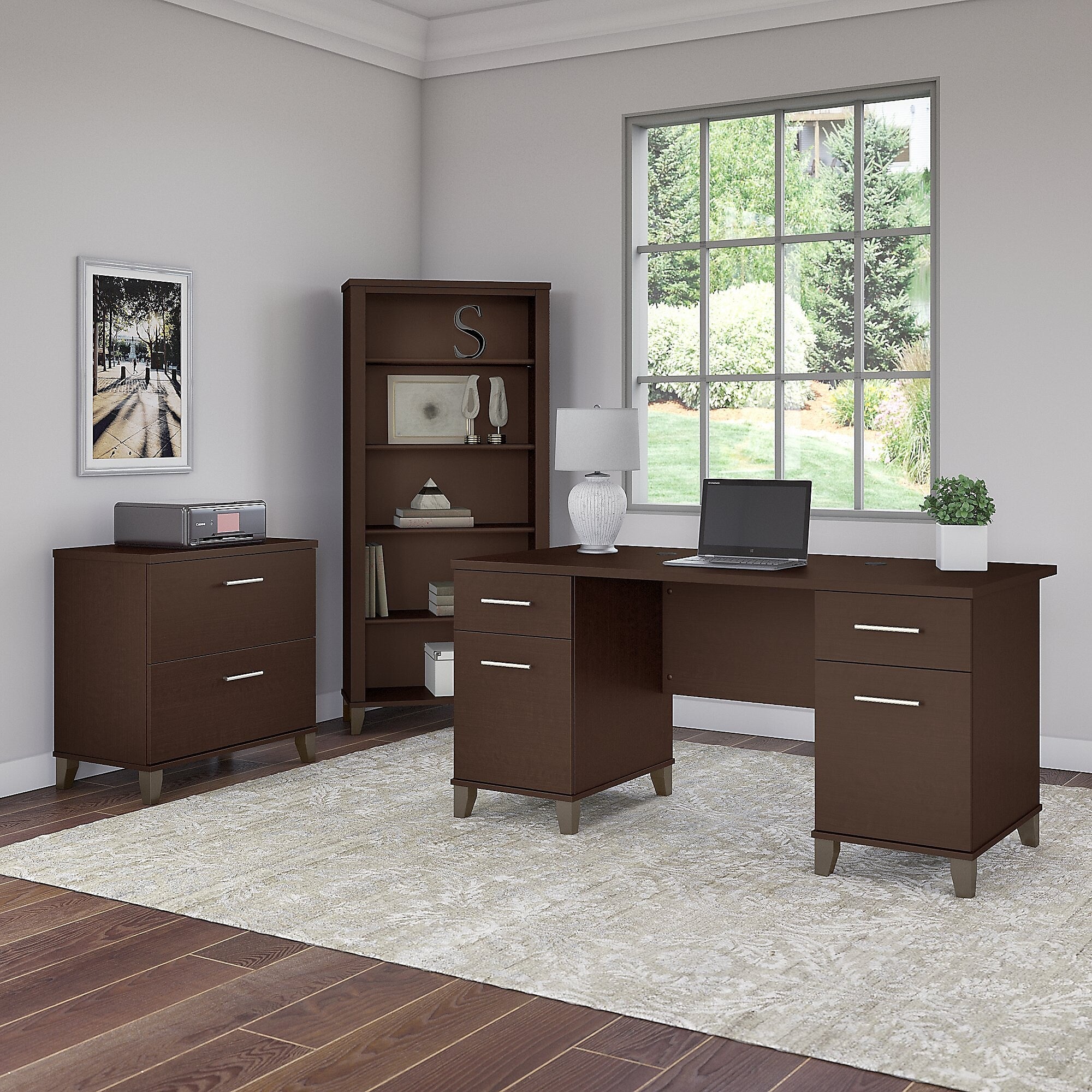 Bush Furniture Somerset 60"W Office Desk with Lateral File Cabinet and 5 Shelf Bookcase, Mocha Cherry