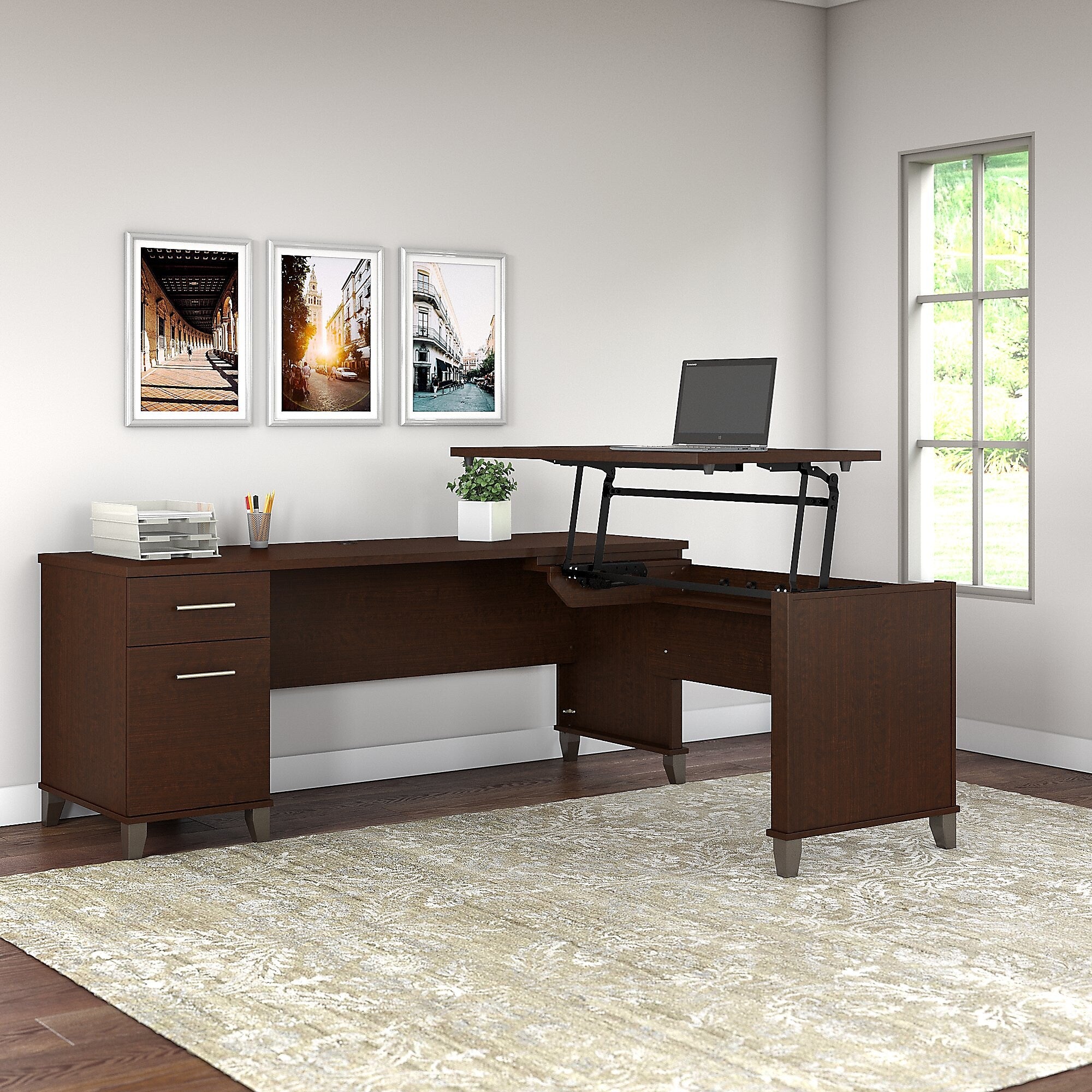 Bush Furniture Somerset 72"W 3 Position Sit to Stand L Shaped Desk, Mocha Cherry