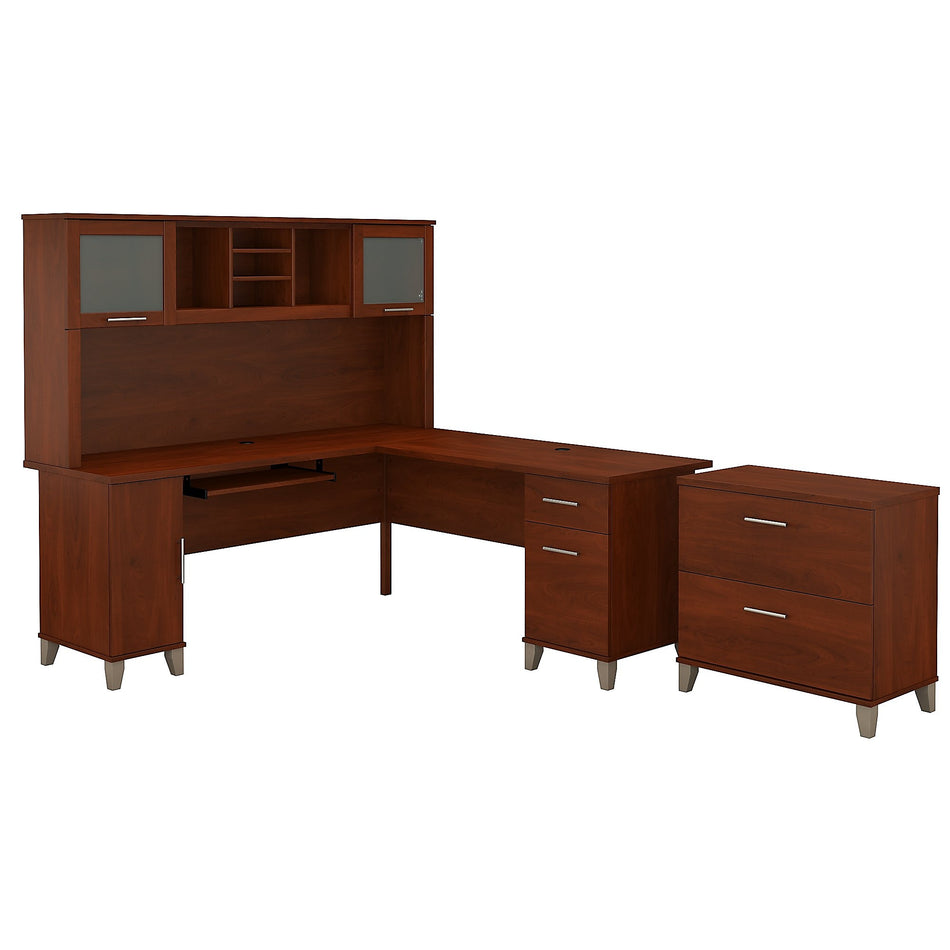 Bush Furniture Somerset 72"W L Shaped Desk with Hutch and Lateral File Cabinet, Hansen Cherry