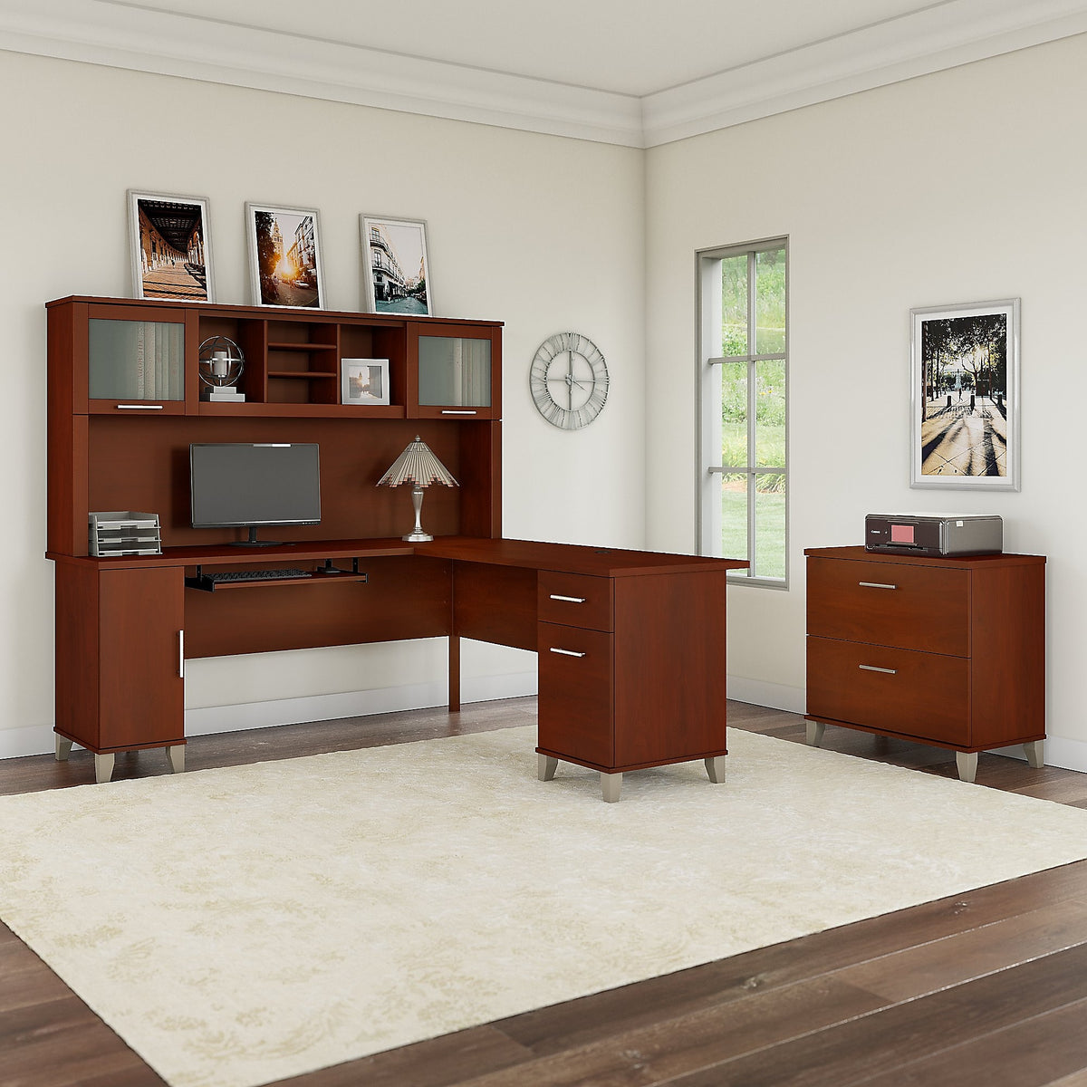 Bush Furniture Somerset 72"W L Shaped Desk with Hutch and Lateral File Cabinet, Hansen Cherry