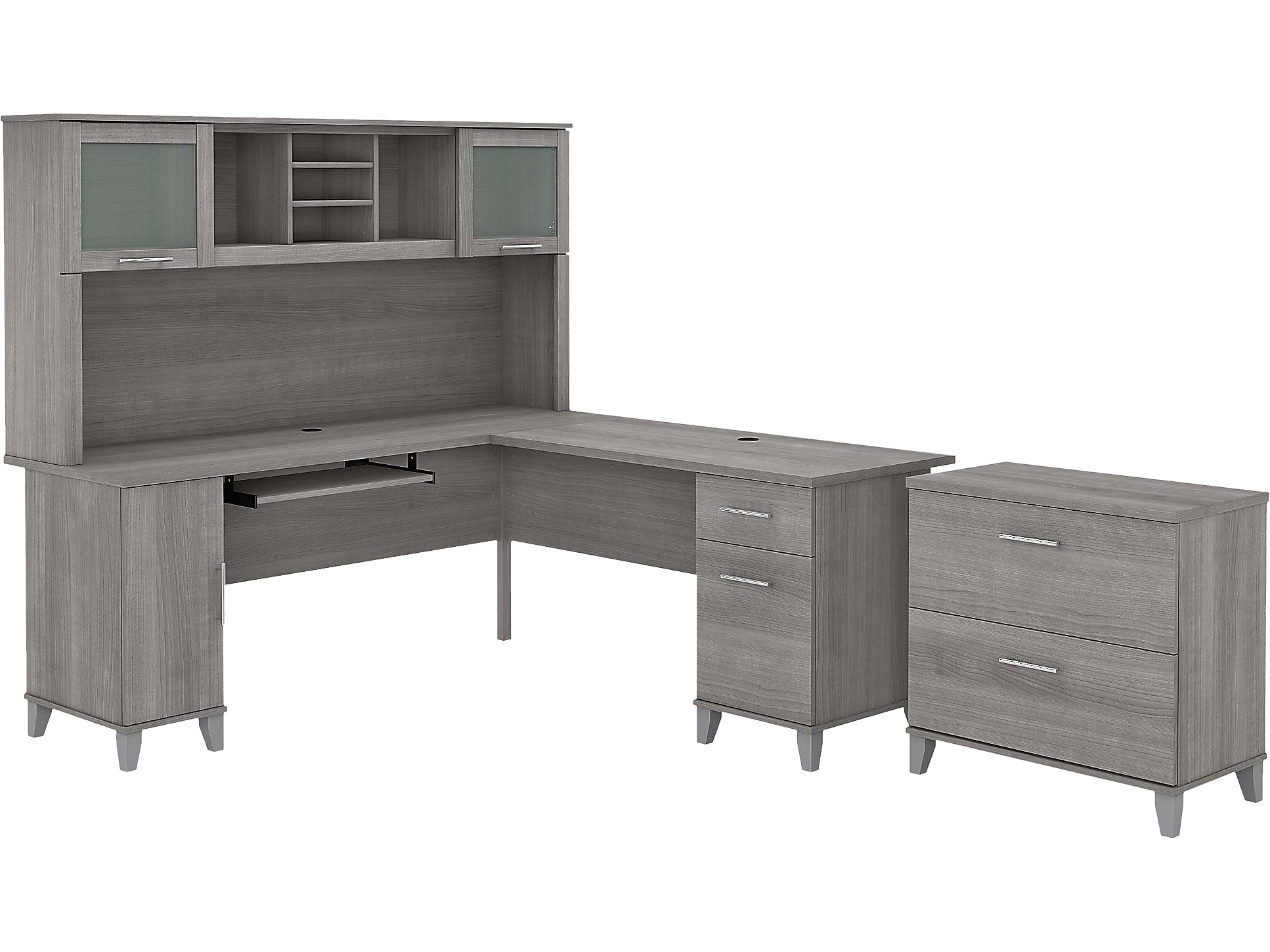 Bush Furniture Somerset 72"W L Shaped Desk with Hutch and Lateral File Cabinet, Platinum Gray