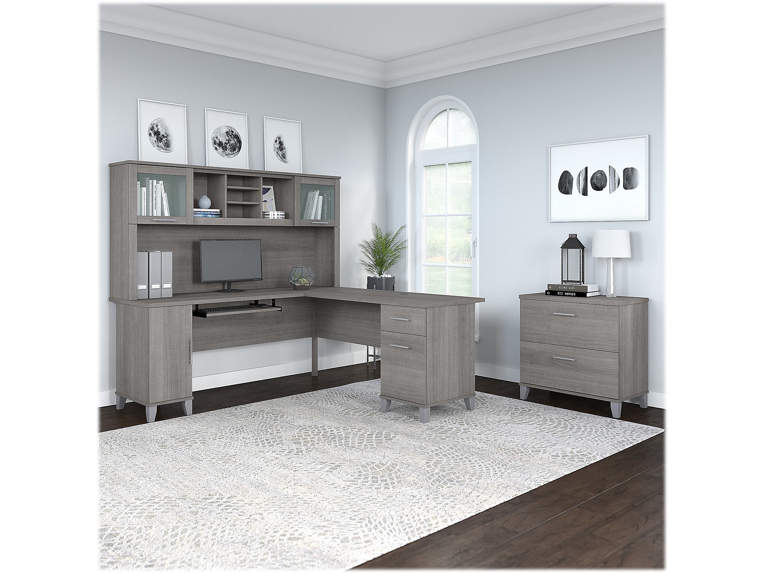 Bush Furniture Somerset 72"W L Shaped Desk with Hutch and Lateral File Cabinet, Platinum Gray