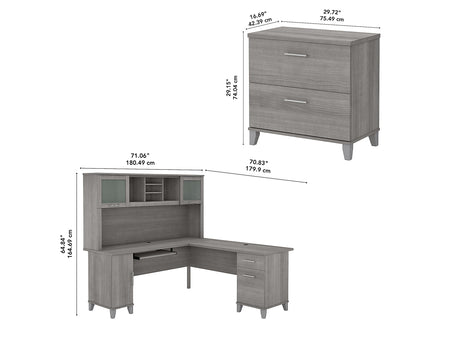 Bush Furniture Somerset 72"W L Shaped Desk with Hutch and Lateral File Cabinet, Platinum Gray