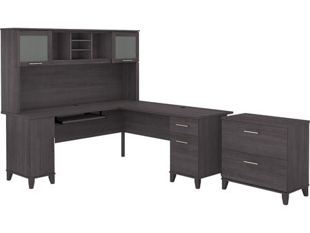 Bush Furniture Somerset 72"W L Shaped Desk with Hutch and Lateral File Cabinet, Storm Gray