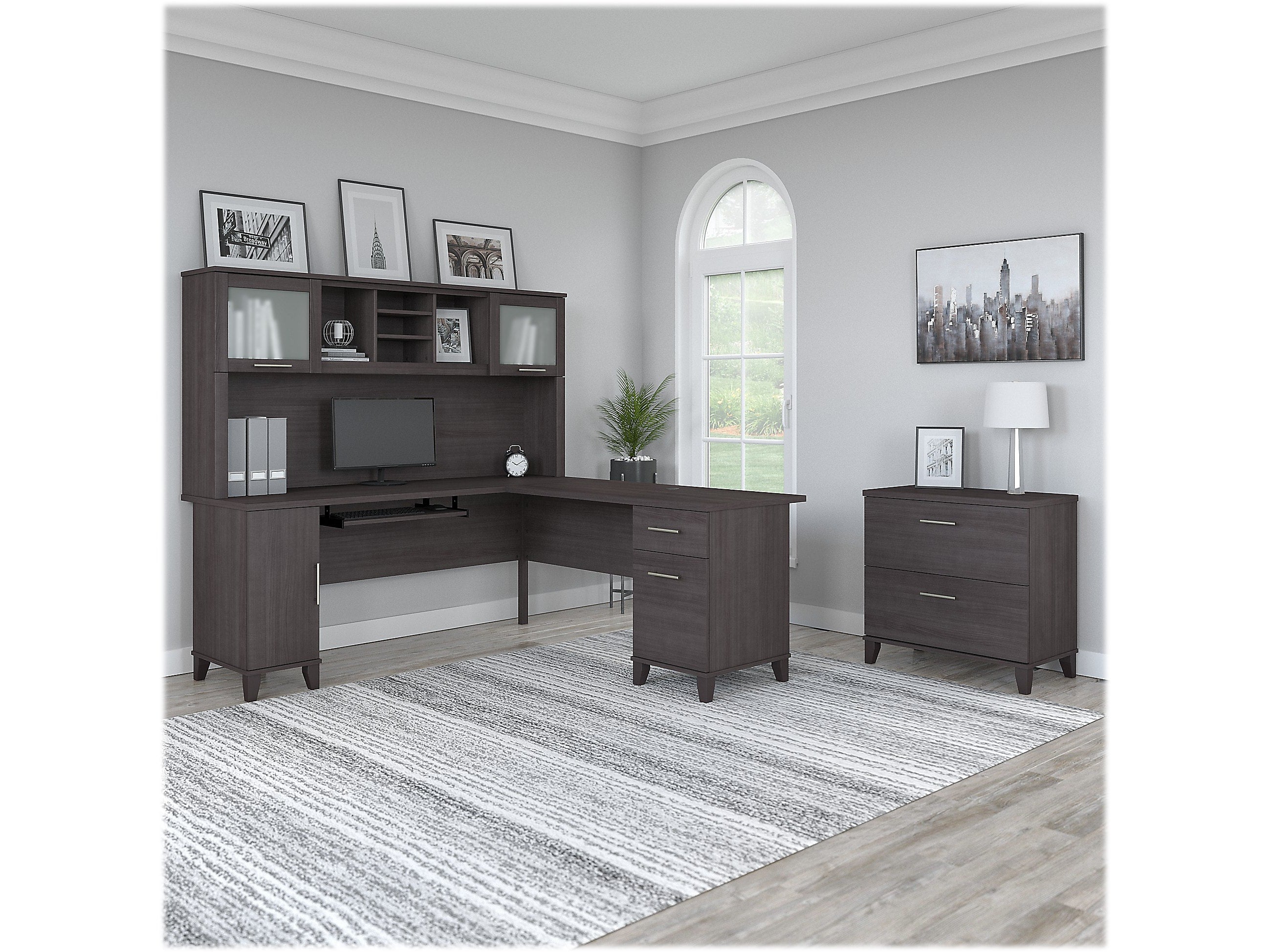 Bush Furniture Somerset 72"W L Shaped Desk with Hutch and Lateral File Cabinet, Storm Gray