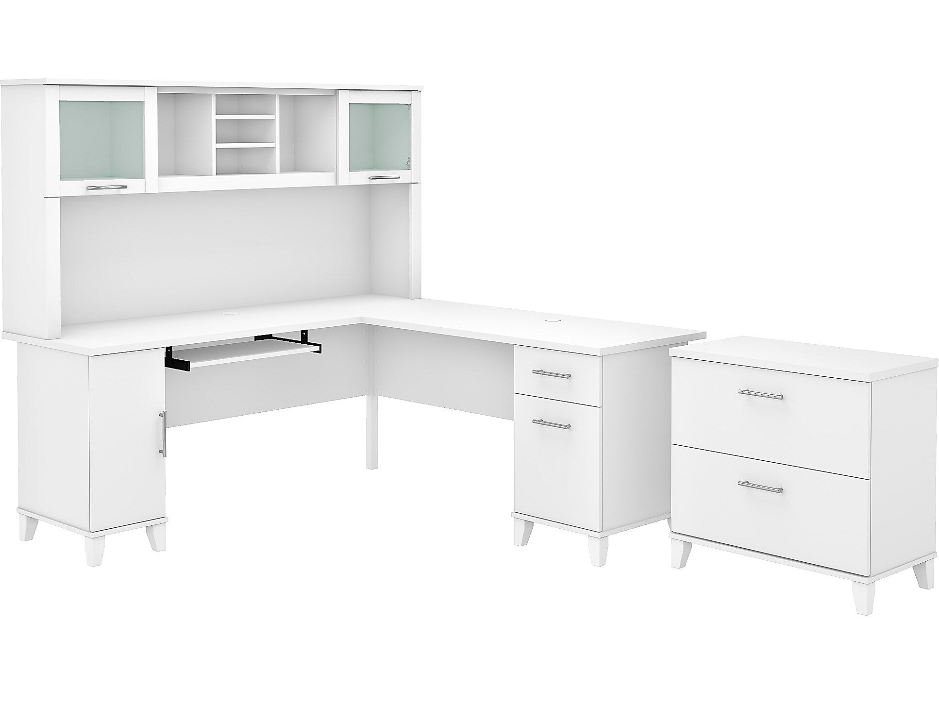 Bush Furniture Somerset 72"W L Shaped Desk with Hutch and Lateral File Cabinet, White