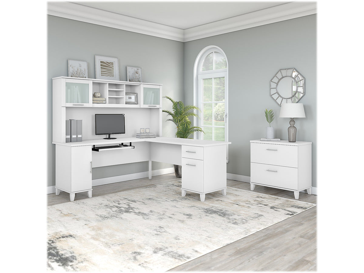 Bush Furniture Somerset 72"W L Shaped Desk with Hutch and Lateral File Cabinet, White