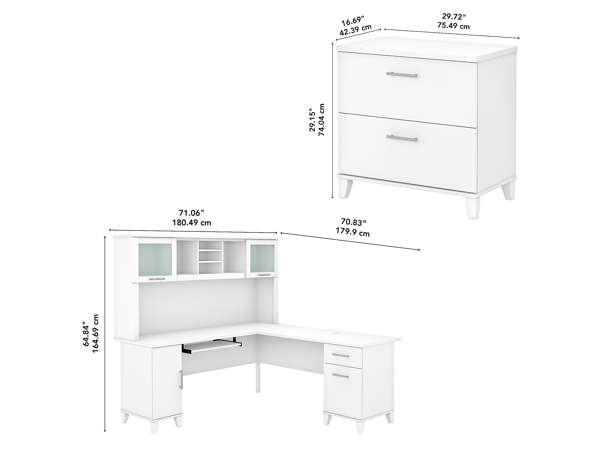 Bush Furniture Somerset 72"W L Shaped Desk with Hutch and Lateral File Cabinet, White